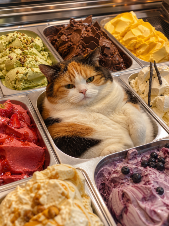 Gelato Shop Display with Calico Cat